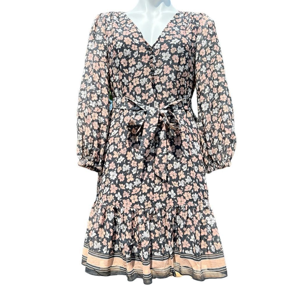 Club Monaco Floral Long Sleeve Self Tie Mini Dress Size Small